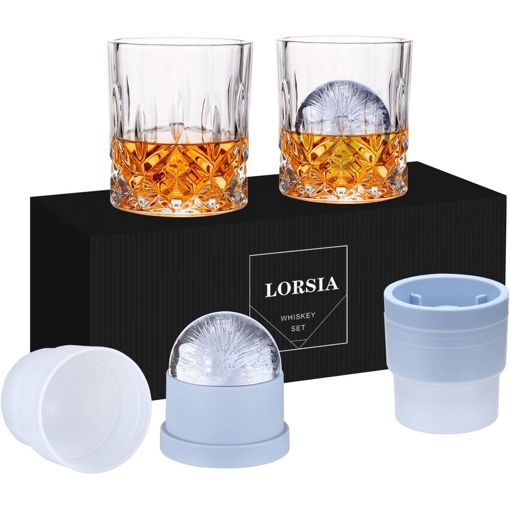 Copos de uísque Rocks, conjunto de 4 peças (2 copos de cristal para bourbon, 2 moldes grandes para bolas de gelo redonda