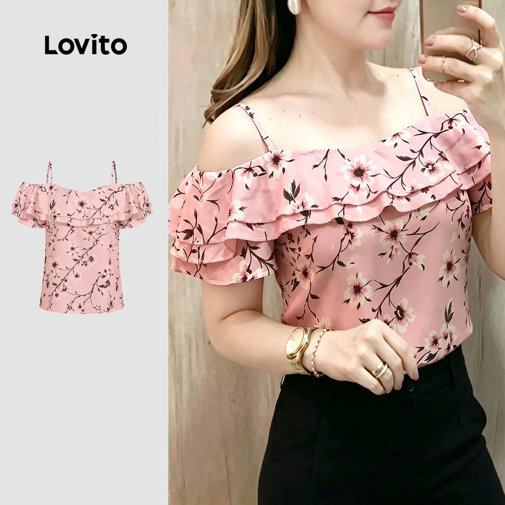 (New Arrival) Lovito Blusa Boho com Estampa Floral Dupla Camada Babados Primavera/verão Rosa para Mulheres BLB198P1D380