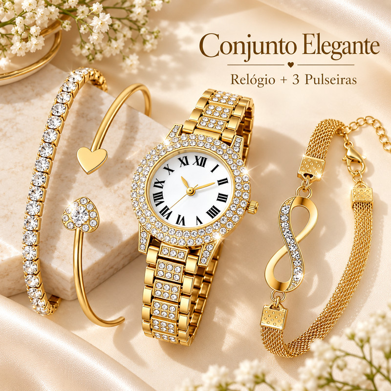 Kit Relógio Feminino Dourado + 3 Pulseiras Coração Infinito Strass 4 Peças