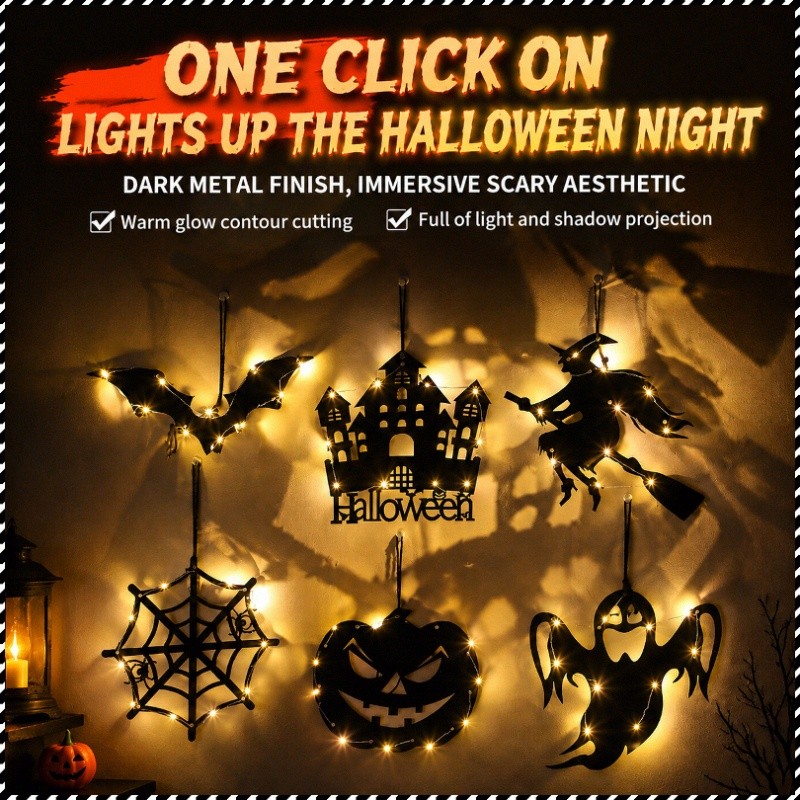 Decorações de Halloween para pendurar: abóbora, fantasma, morcego, teia de aranha, luzes de LED, enfeites assustadores p