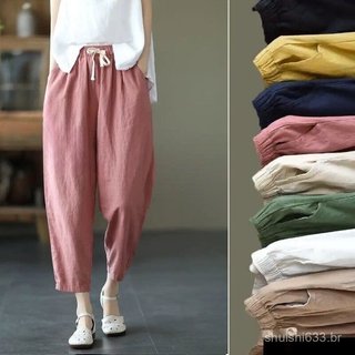 Estilo chinês Retro cenoura calças 100% algodão linho solto cor sólida calças femininas All-Match Casual tornozelo compr