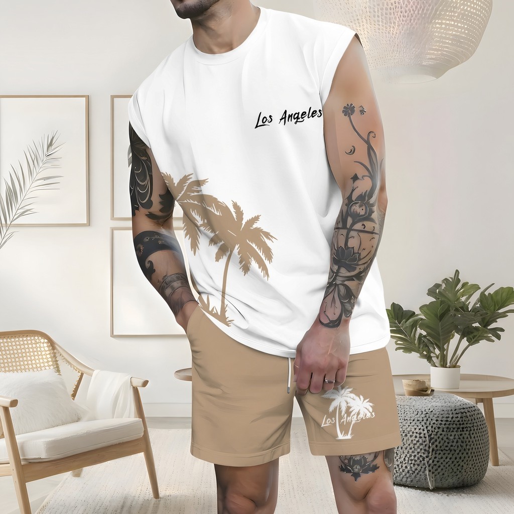 Conjunto Masculino Regata e Shorts Moletinho Los Angeles Coqueiros Tropical Praia Verão Casual Estampado Streetwear