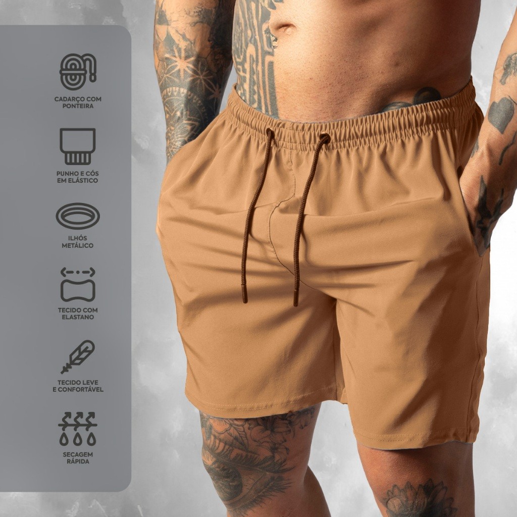 Shorts de Tactel com Elastano Masculino Basico Liso Casual Moda Praia Treino e Academia Bermuda