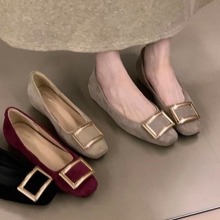 Metal fivela quadrada sapatos de boca rasa feminino 2025 outono novo estilo salto grosso salto baixo dedo do pé quadrado