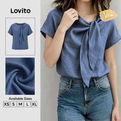 (New Arrival) Lovito Casual Blusa Manga Curta Gola Assimétrica Azul Textura Trabalho Diário Primavera Verão Fim De Semana Para Mulheres BLB204P1D136