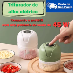 Triturador Alho Recarregável USB 45W 250ml Portátil Compacto Cozinha