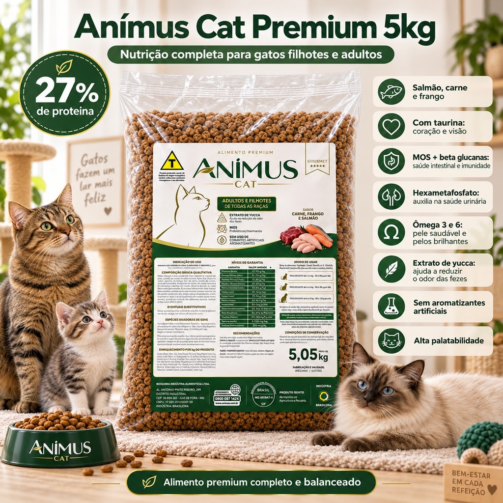 Ração Gato Premium 5kg Anímus Cat Salmão Carne Frango 27% Proteina Filhote Adulto