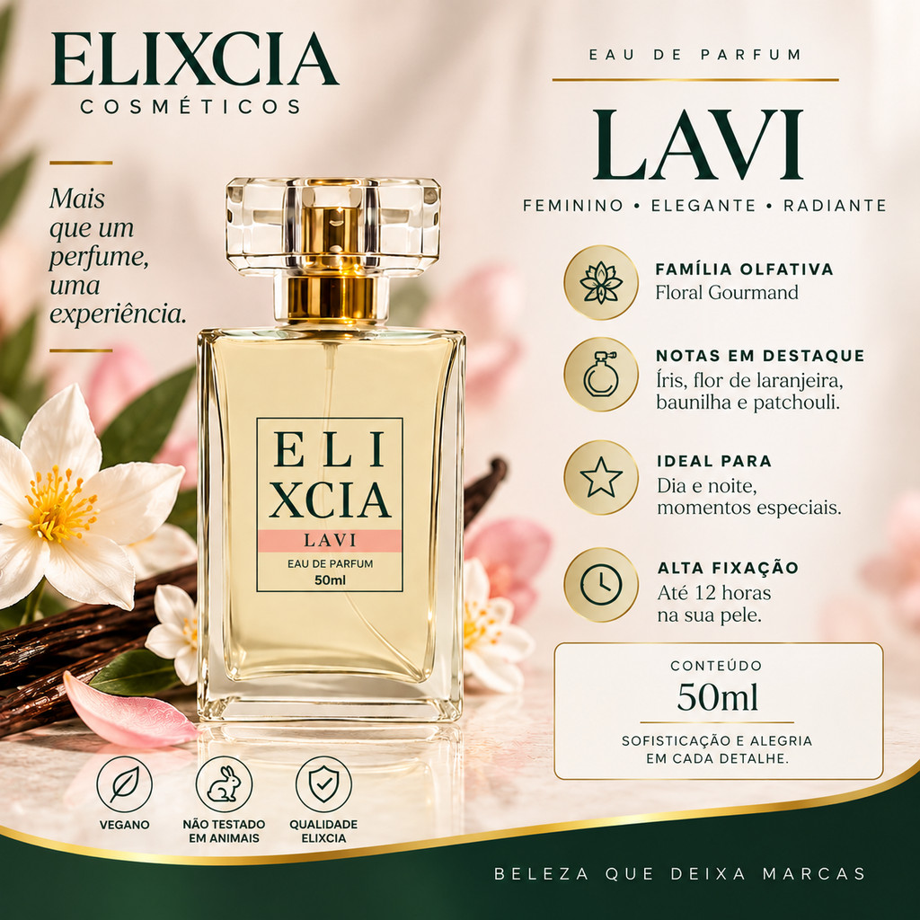 Perfume Feminino Elixcia Lavi 50ml – Floral Adocicado – Elegante e Romântico – Alta Fixação