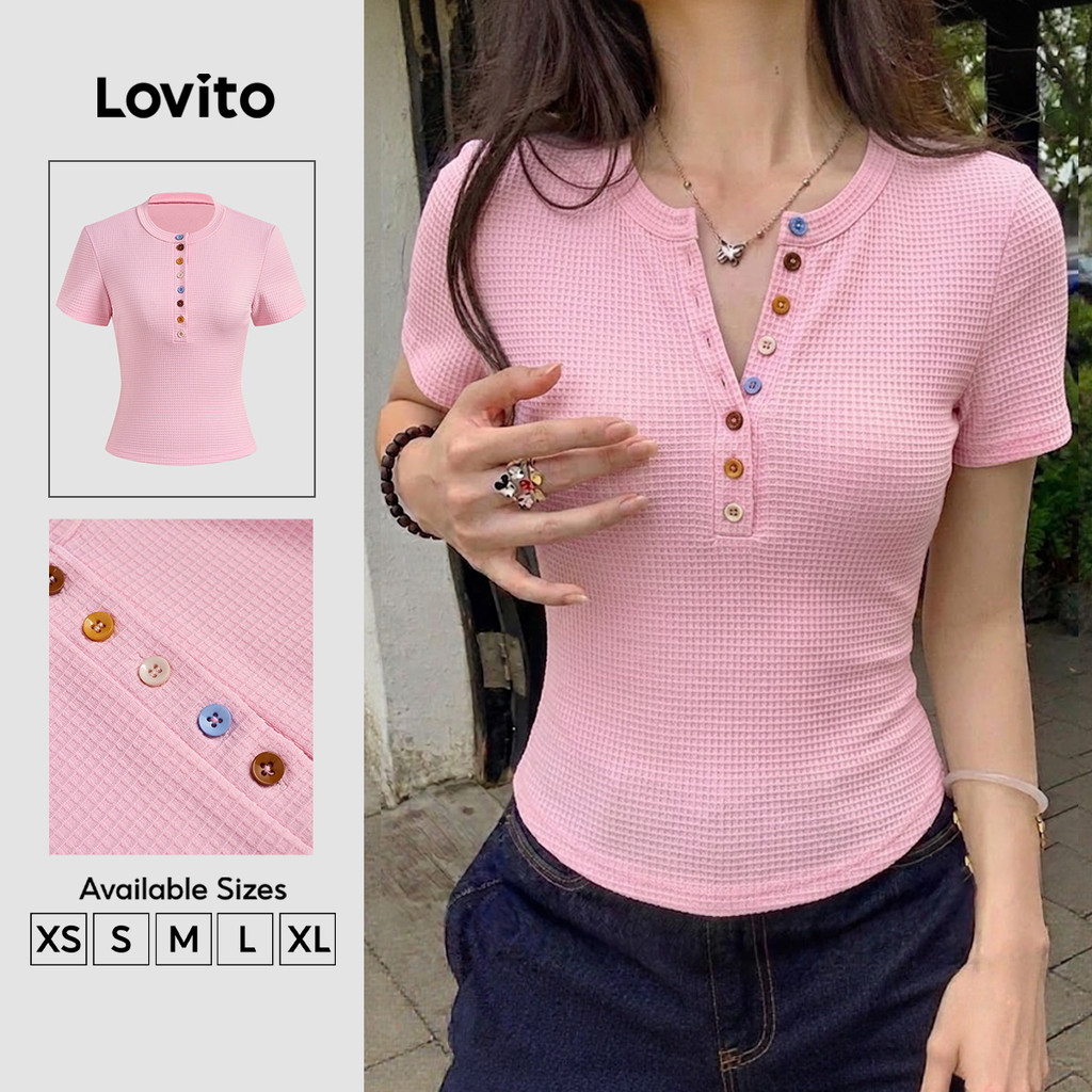 Lovito Camiseta Rosa Botão Elegante Confortável Texturizada Primavera/Verão Feminina TSB199P2D159