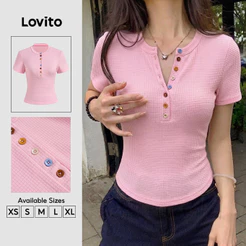 Lovito Camiseta Rosa Botão Elegante Confortável Texturizada Primavera/Verão Feminina TSB199P2D159