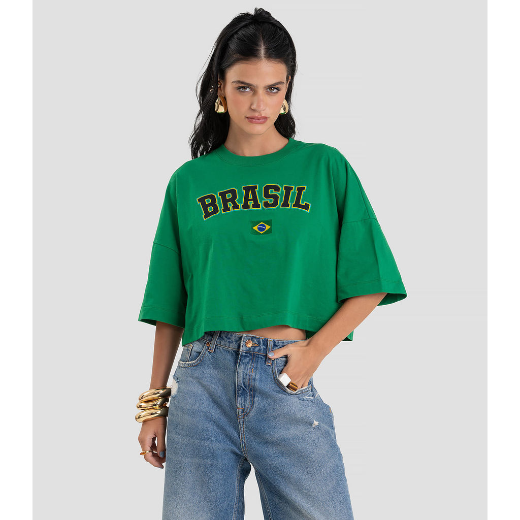 T- Shirt Feminina em Meia Malha Brasil Dianna Verde
