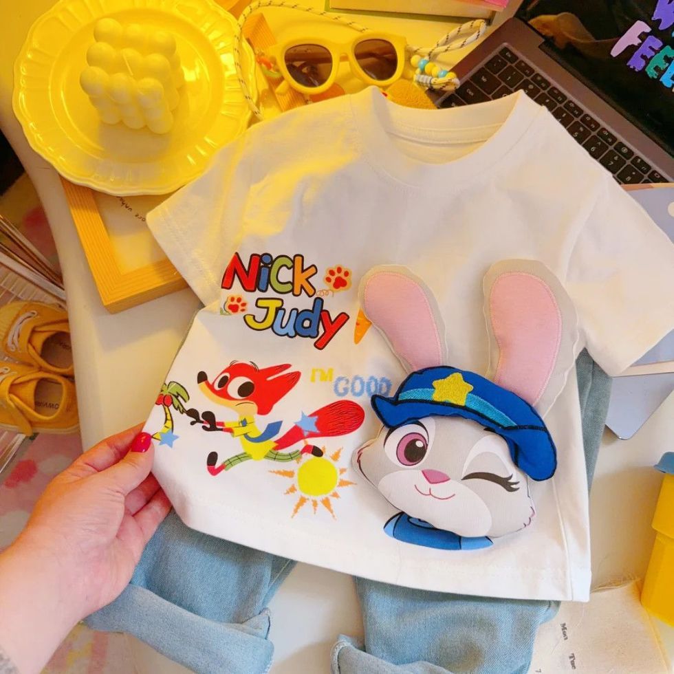 Crianças dos desenhos animados coelho boneca camiseta verão solto solto de manga curta influenciador em torno do pescoço