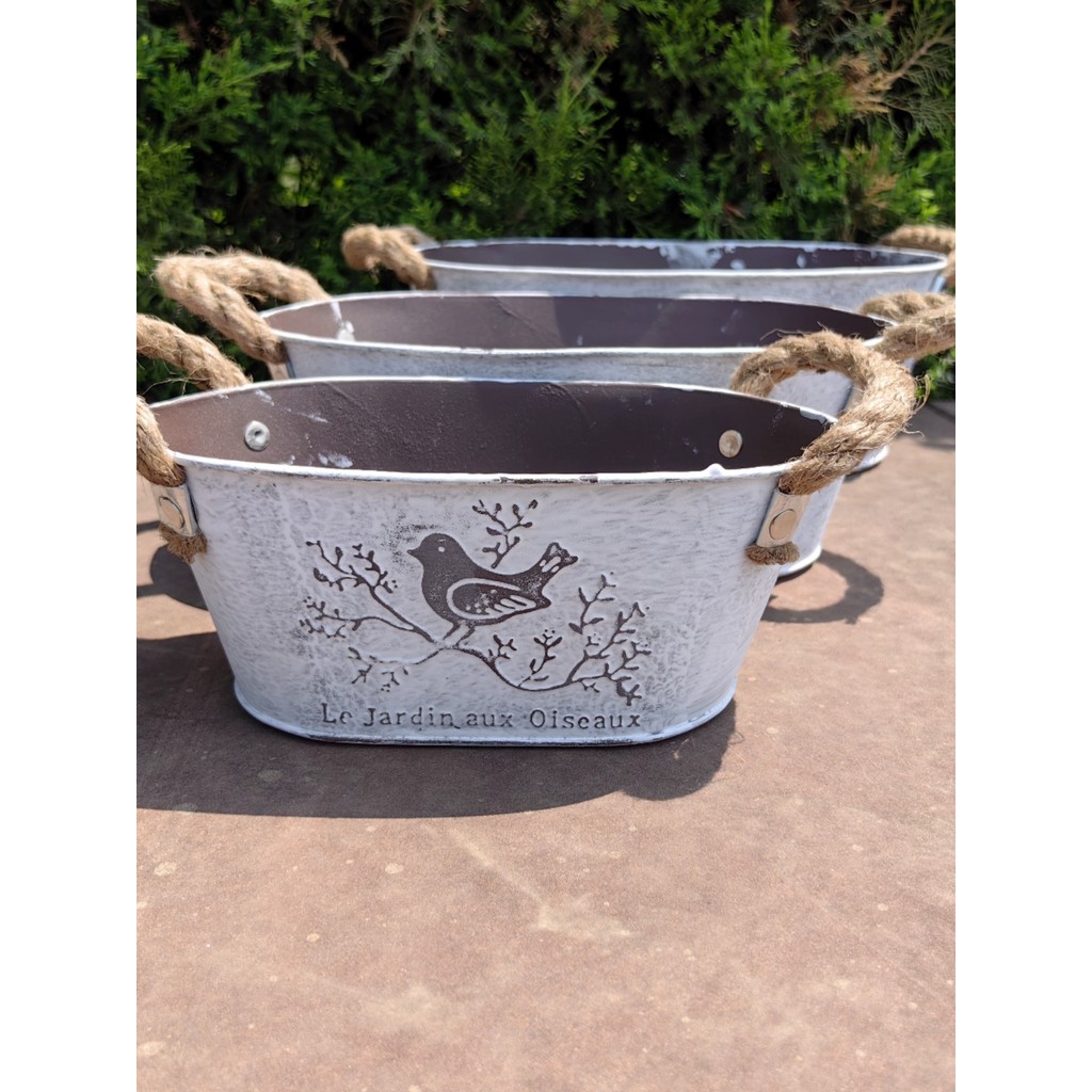 Angustiado Retro pássaro padrão tridimensional lata Oval vaso de flores estilo Pastoral prático vaso perfurado varanda F