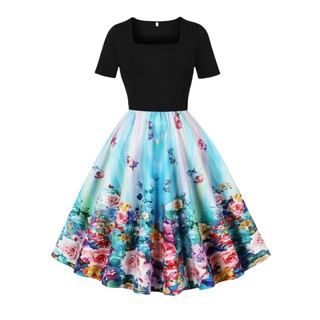 Retro colorido flor impressão vestido de comprimento médio pescoço quadrado manga curta elegante vestido de festa femini