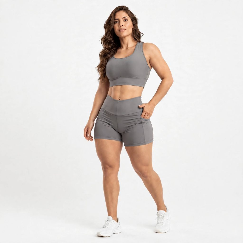 Conjunto Fitness CINZA Feminino Short Modelador Com Bolso Academia Treino Cós Alto Top e Short
