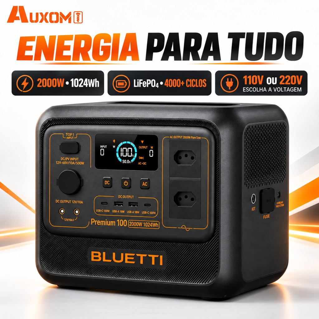 Estação de Energia Portátil BLUETTI Premium 100 V2 2000W 1024Wh LiFePO4 UPS 10ms 110V ou 220V AUXOM