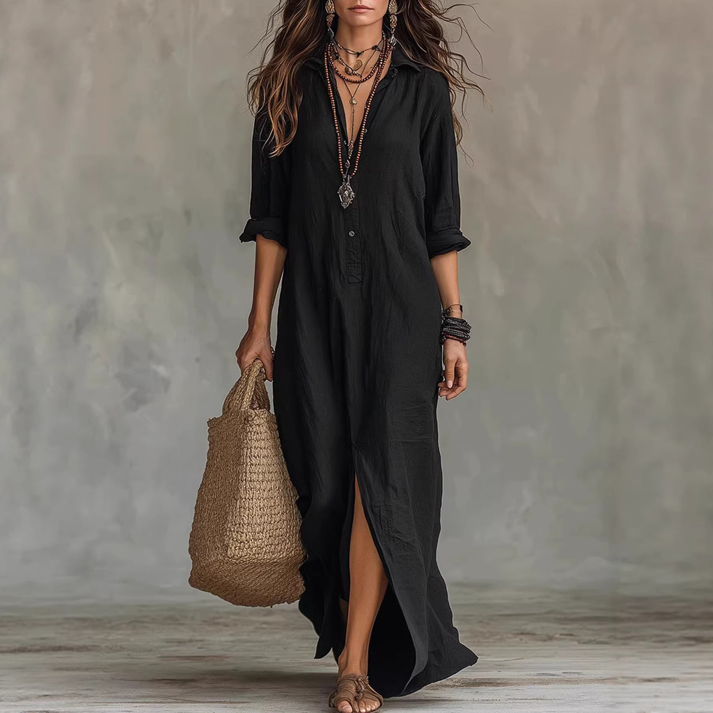 2026 primavera verão saia longa Casual cor sólida saia longa lapela fenda frontal saia longa vestido solto