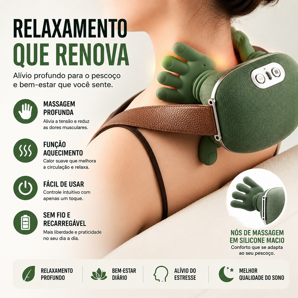 Massageador Automático para Pescoço e Ombros – Simula Massagem com Mãos Humanas, Almofada Térmica para Aliviar Dores na