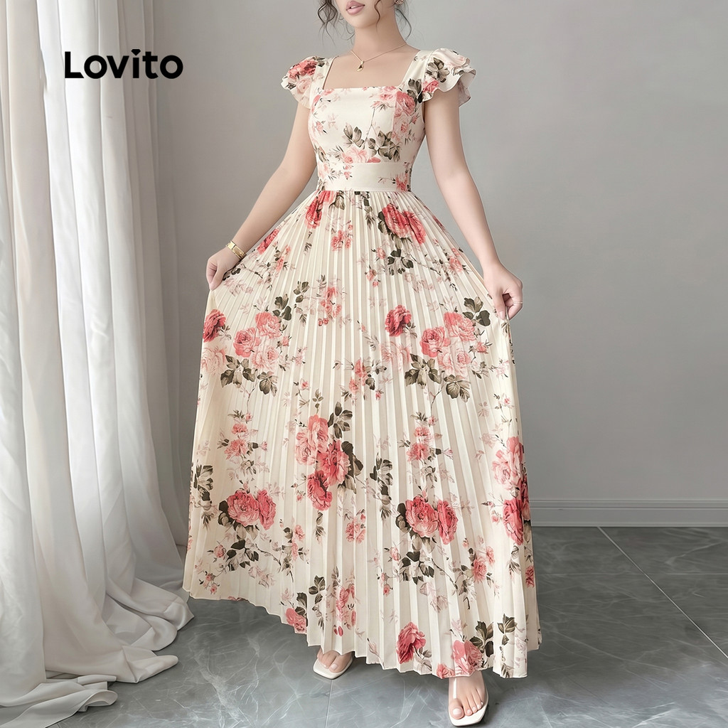 (Casual)Lovito Vestido Longo Casual Floral Com Mangas Curtas E Babados Decote Quadrado Cintura Alta E Pregas Para Primavera/verão E Férias Feminina LR32E042 · foto 2