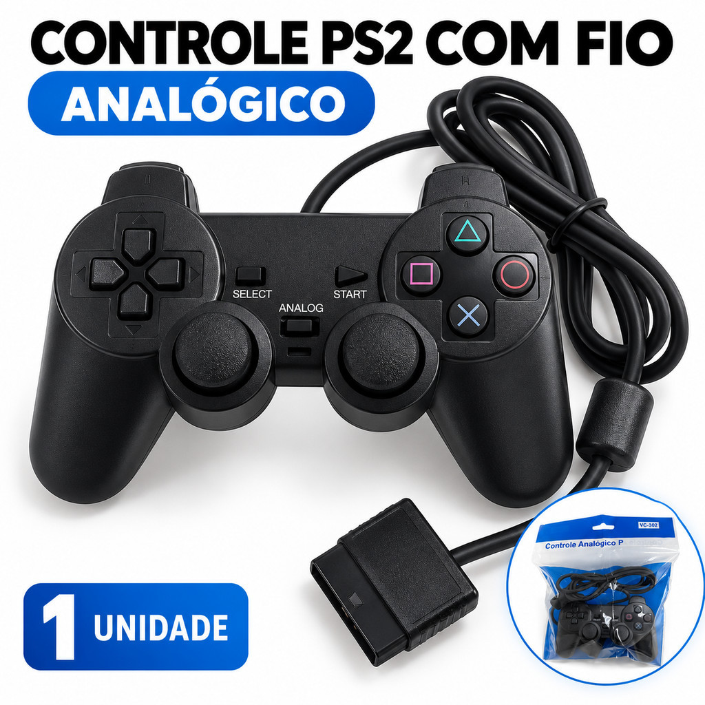 Controle PS2 com Fio 1,7m Analógico com Vibração Joystick Gamepad VC-302 Preto
