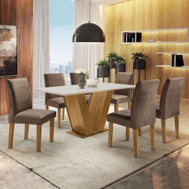 Conjunto Sala de Jantar Mesa Tampo MDF 6 Cadeiras Espanha Yescasa Ypê/Off White/Animale Marrom