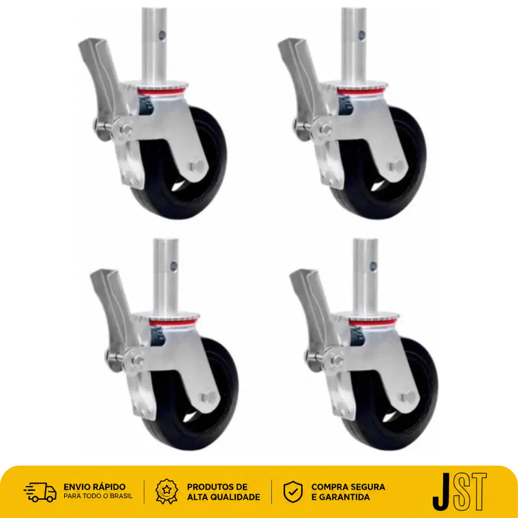 Kit 4 Rodízios Para Andaime 6x2 Giratório Com Freio 1200kg Espiga JST