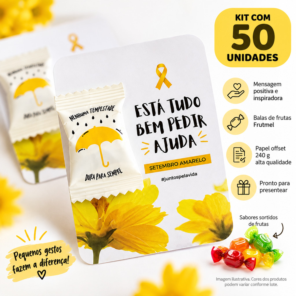 Lembrancinha Setembro Amarelo Card Com Balinha 50 Unidades