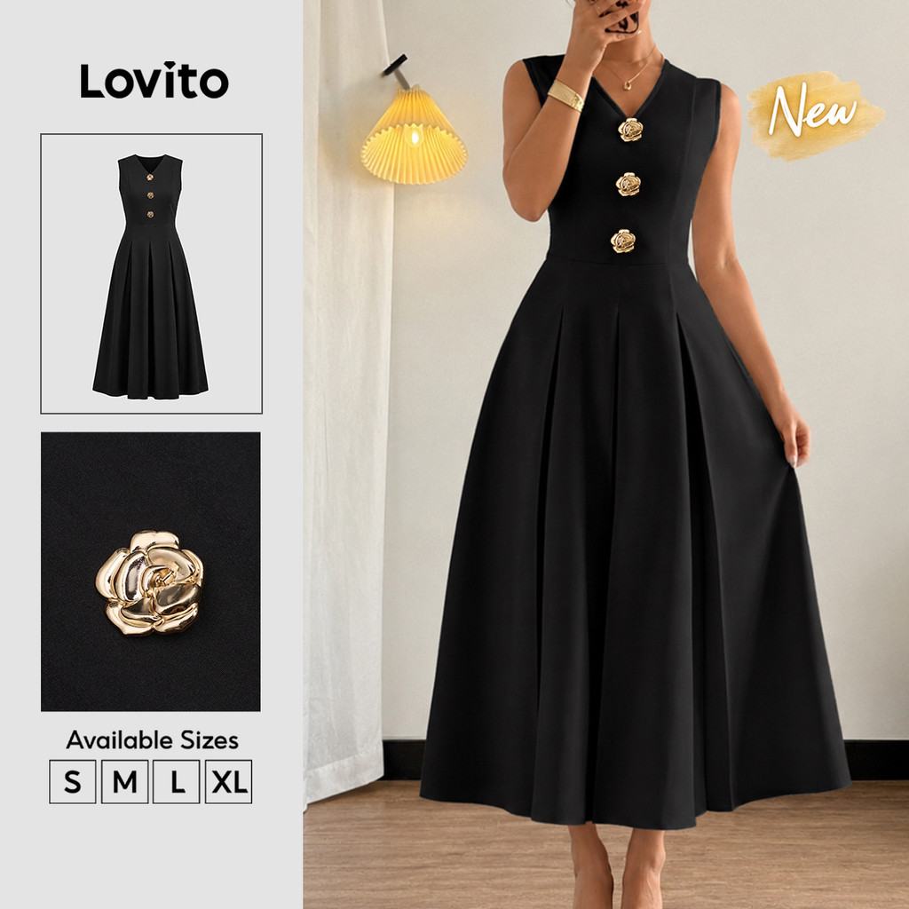 Lovito Vestido Feminino Preto Elegante Fivela Metálica Zíper e Barra Longa Flare Primavera Verão Casual Fim de Semana e Traje de Trabalho DRT39BR069