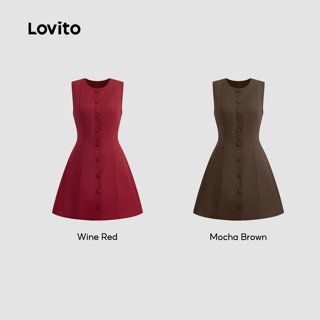 Lovito Vestido Feminino Casual com Botões Frontais Vinho para Primavera e Verão L150ED732