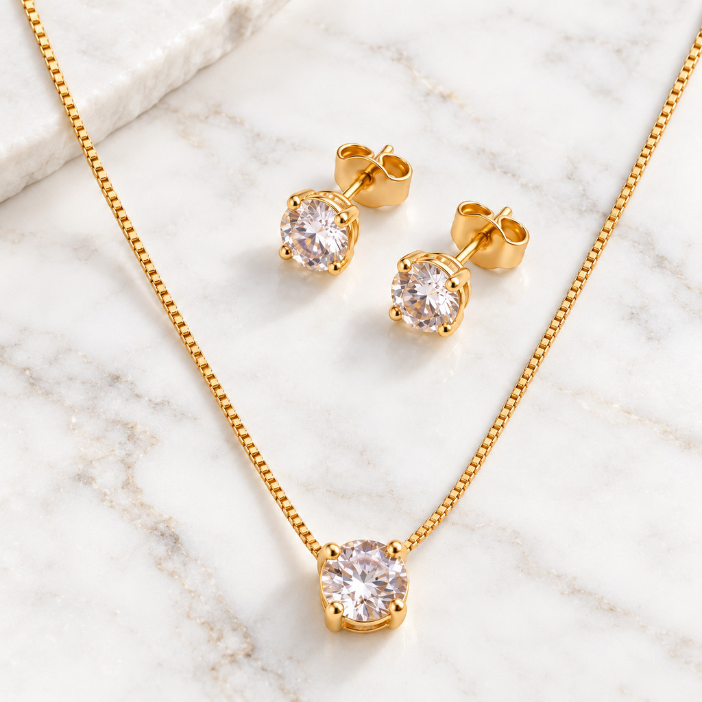 Conjunto Feminino Colar e Brinco Ponto de Luz Zircônia Banhado a Ouro 18k