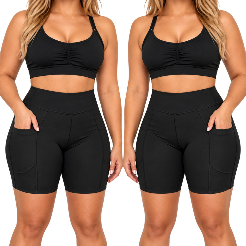 Kit 2 Shorts Academia Feminino c/ Bolso Zero Transparência Cintura Alta Costura Reforçada Corrida Exercício Confortável