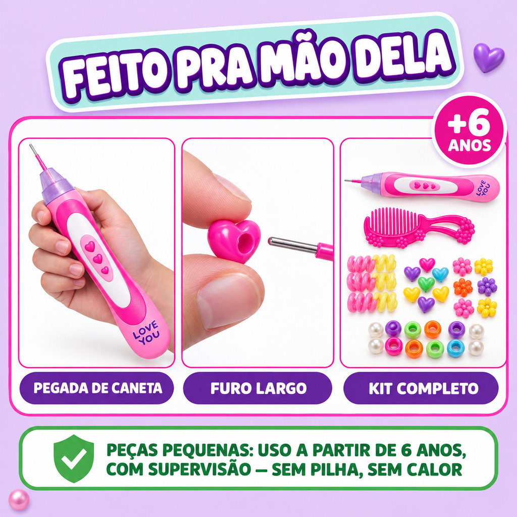 Kit Miçangas para Cabelo com Aplicador Penteado Infantil Trança Trancinha Coloridas Menina Presente Aniversário Kizumba · foto 2