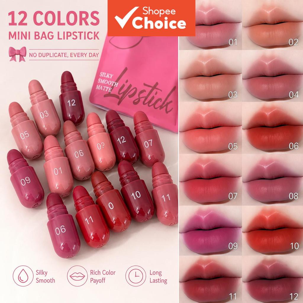 Conjunto de 12 Batons Mini Matte, Kit de Batom à Prova d'Água de Longa Duração, Suave e Sedoso, Gloss Labial Não Gruda