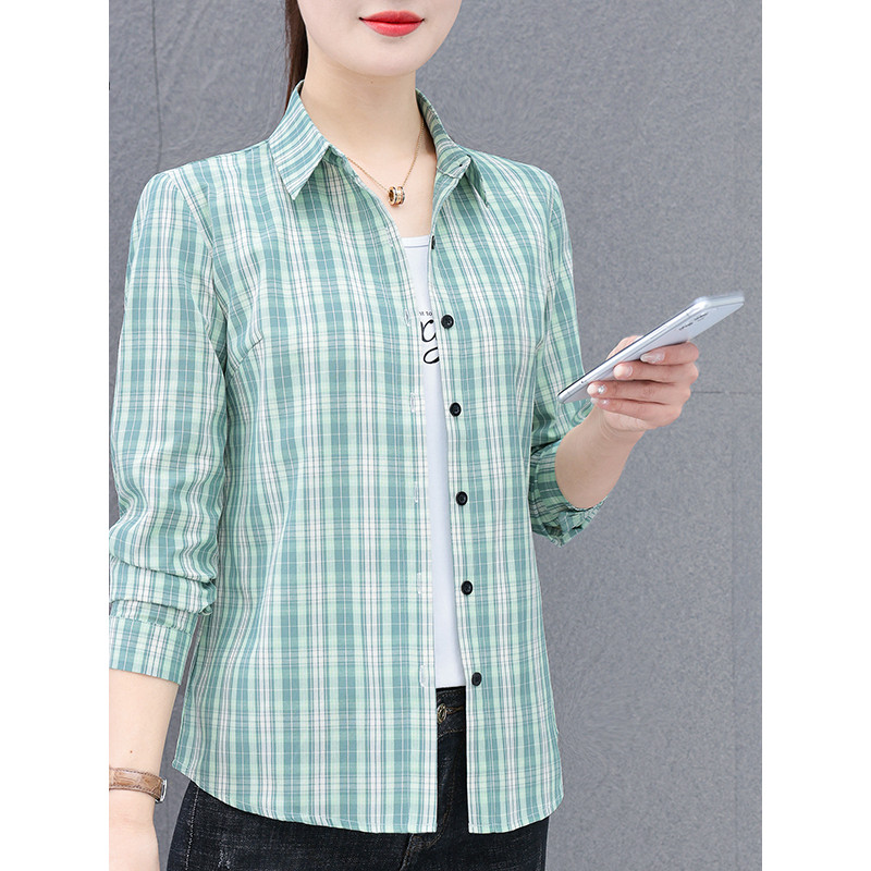 Woodpecker camisa xadrez de algodão genuíno feminina de manga comprida primavera outono novo estilo mãe estilo ocidental
