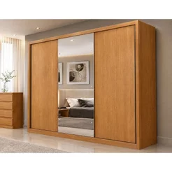 Guarda-Roupa Casal com Espelho 100% MDF 3 Portas de Correr 6 Gavetas Marrom Cinamomo Vegas Cumaru