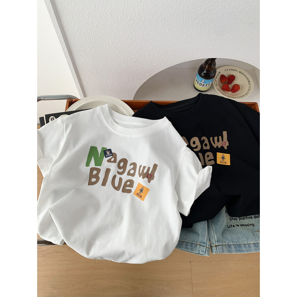 Meninos verão puro algodão de manga curta camiseta 2026 novo estilo crianças estilo fino em torno do pescoço carta bebê 