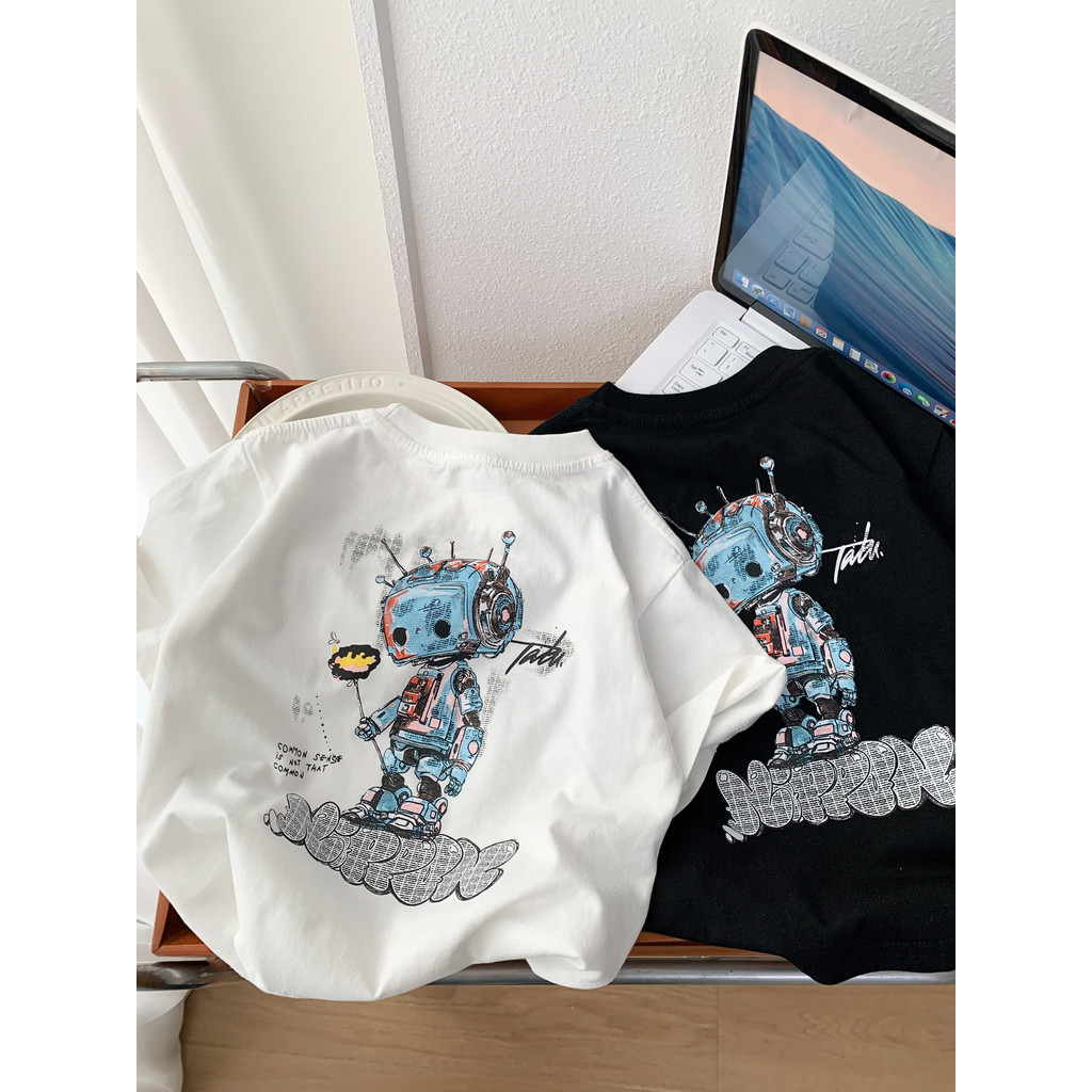 Meninos verão puro algodão de manga curta camiseta 2026 novo estilo crianças dos desenhos animados em torno do pescoço f