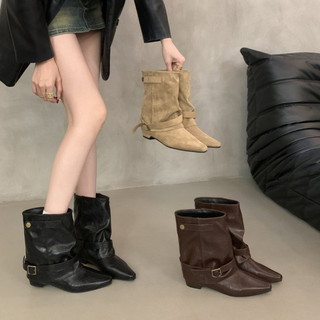 Botas Femininas de Bico Fino, Botas Curtas Soltas, Estilo Vintage Elegante, Salto Grosso, Botas da Moda, Tamanhos 35-40