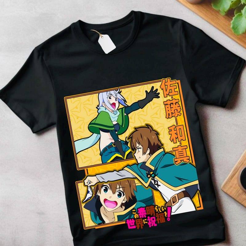Camiseta Unissex Premium de Algodão Estampada Anime Konosuba Personagem Satou Kazuma Cor Preta Estilo Otaku Para Uso