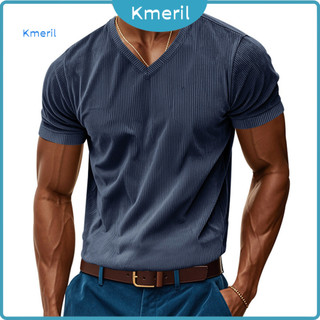 Camiseta Masculina De Verão Com Decote Em V , Da Moda , Veludo Cotelê , Malha Canelada , Manga Curta , Top De Negócios P
