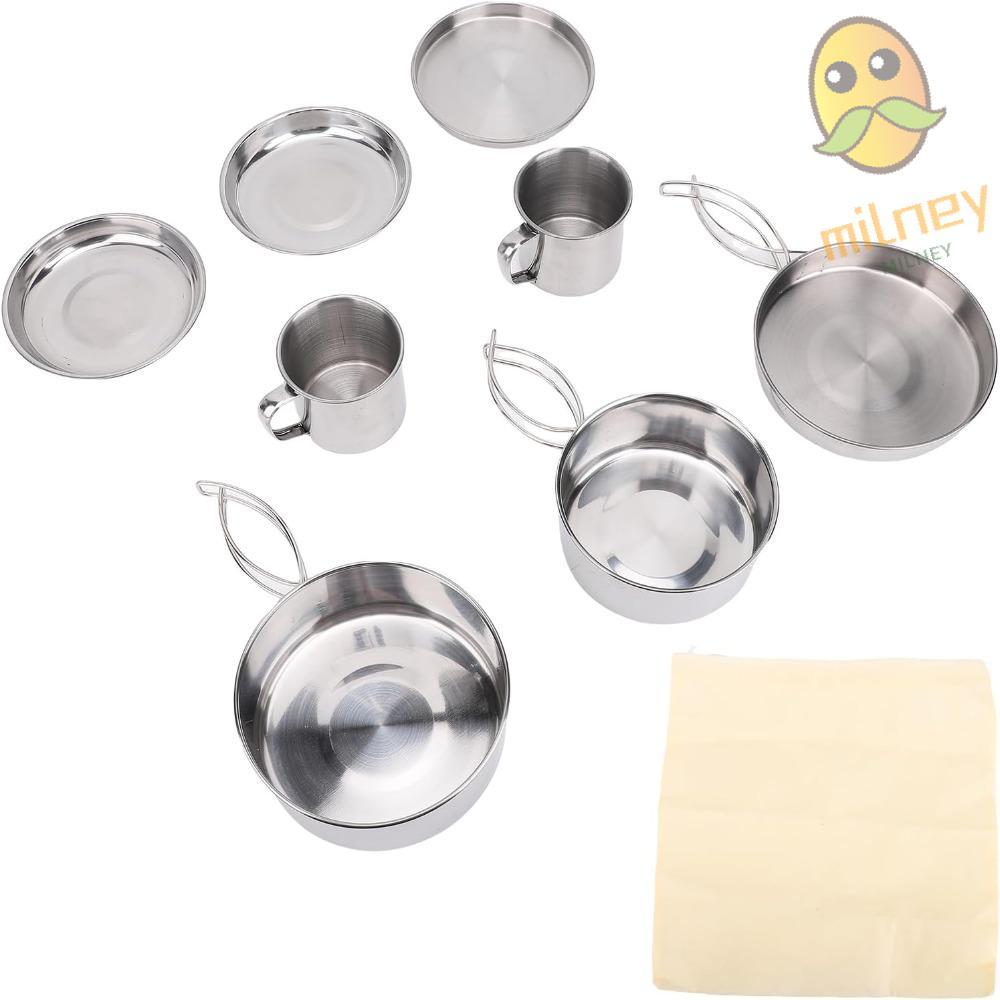 Conjunto De Panelas De 8 Peças , Kit De Bagunça De Acampamento Empilhável De Aço Inoxidável , Panela De Mochila Para 3-4
