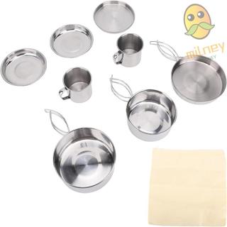 Conjunto De Panelas De 8 Peças , Kit De Bagunça De Acampamento Empilhável De Aço Inoxidável , Panela De Mochila Para 3-4