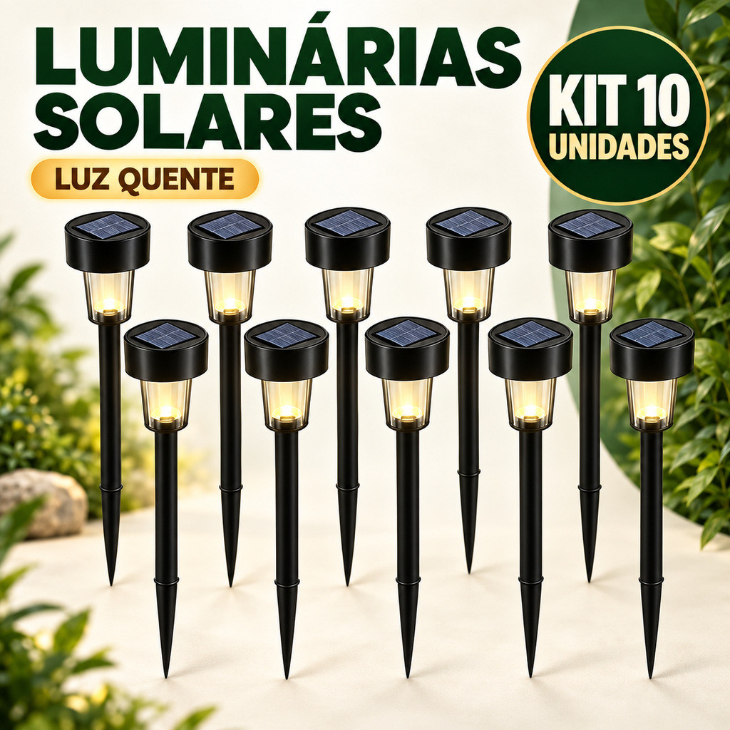 Kit 10 Luminárias Solares de Jardim Pretas com Espeto LED Luz Quente ou Fria para Quintal