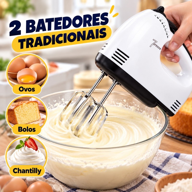 Batedeira de Mão Elétrica 7 Velocidades 110V com 4 Batedores para Bolos Ovos Chantilly e Massas — imagem 2 de 2