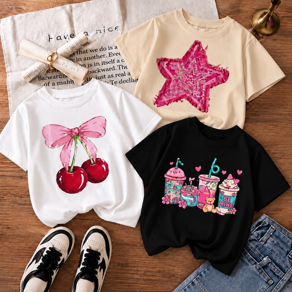 Kit 3 Camisetas Infantil Menina 100% Algodão Estampadas Modinha Blogueira Casual Manga Curta