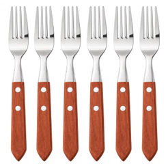 Garfo Mesa Aço Inox Cabo Madeira Kit 6 Peças Jogo Talheres Jantar Churrasco Restaurante