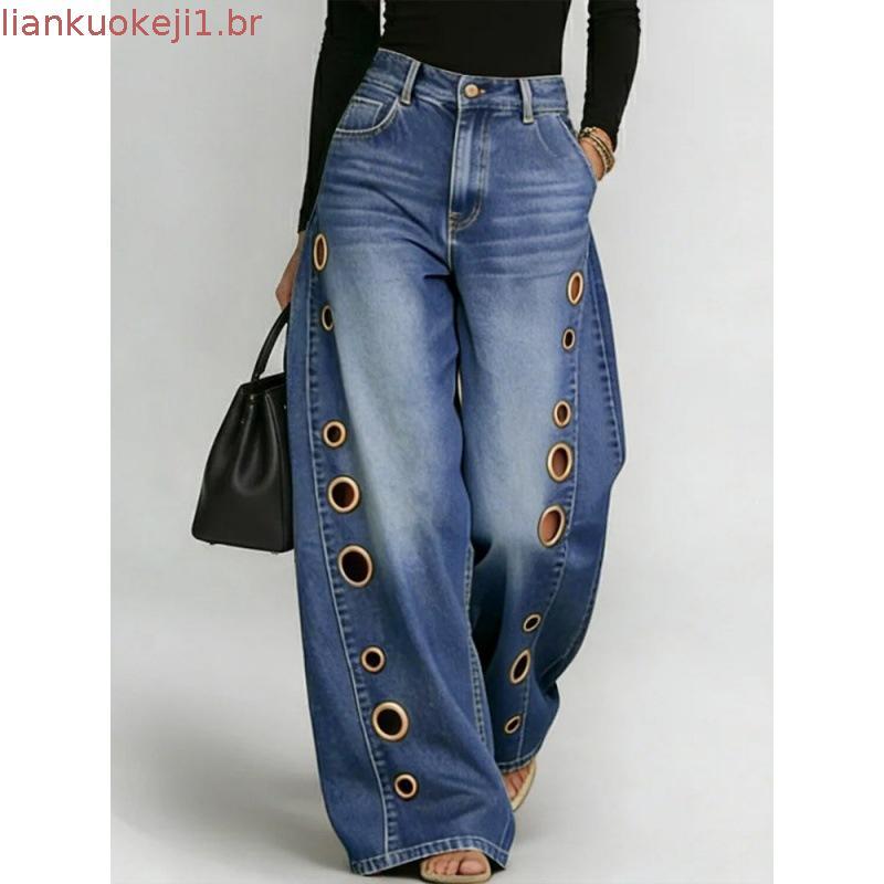 Mulheres Cintura Alta Perna Larga Jeans Metal Ilhó Detalhe Solto Ajuste Calças Casual Streetwear Vintage Y2K Moda Para M