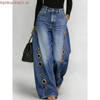 Mulheres Cintura Alta Perna Larga Jeans Metal Ilhó Detalhe Solto Ajuste Calças Casual Streetwear Vintage Y2K Moda Para M