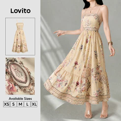 Lovito Vestido Boho Nacional Estilo Padrão Bainha com Babados Primavera/verão para mulheres DRB202P2D080