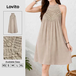 Lovito Vestido Boho com Babados No Decote e Listras Laterais Khaki Primavera/verão para Mulheres DRB202P2D222